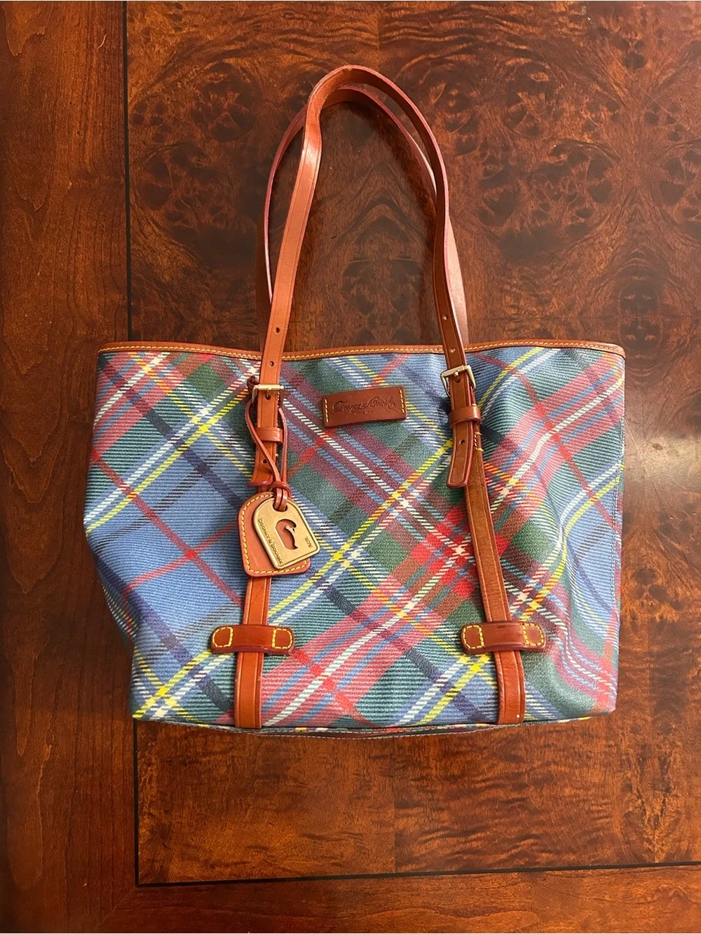 Vintage Dooney & Bourke Windsor Tartan Plaid Tote Bag Made USA Leather Trim Duck